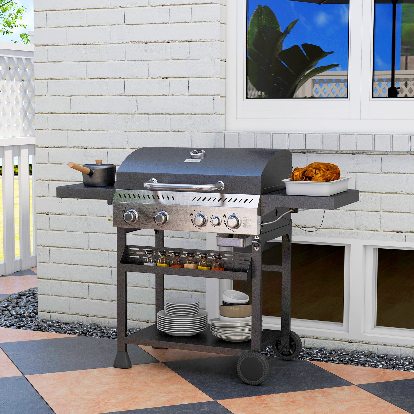 Gas Burner Bbq Grill With Wheels | Large | Black