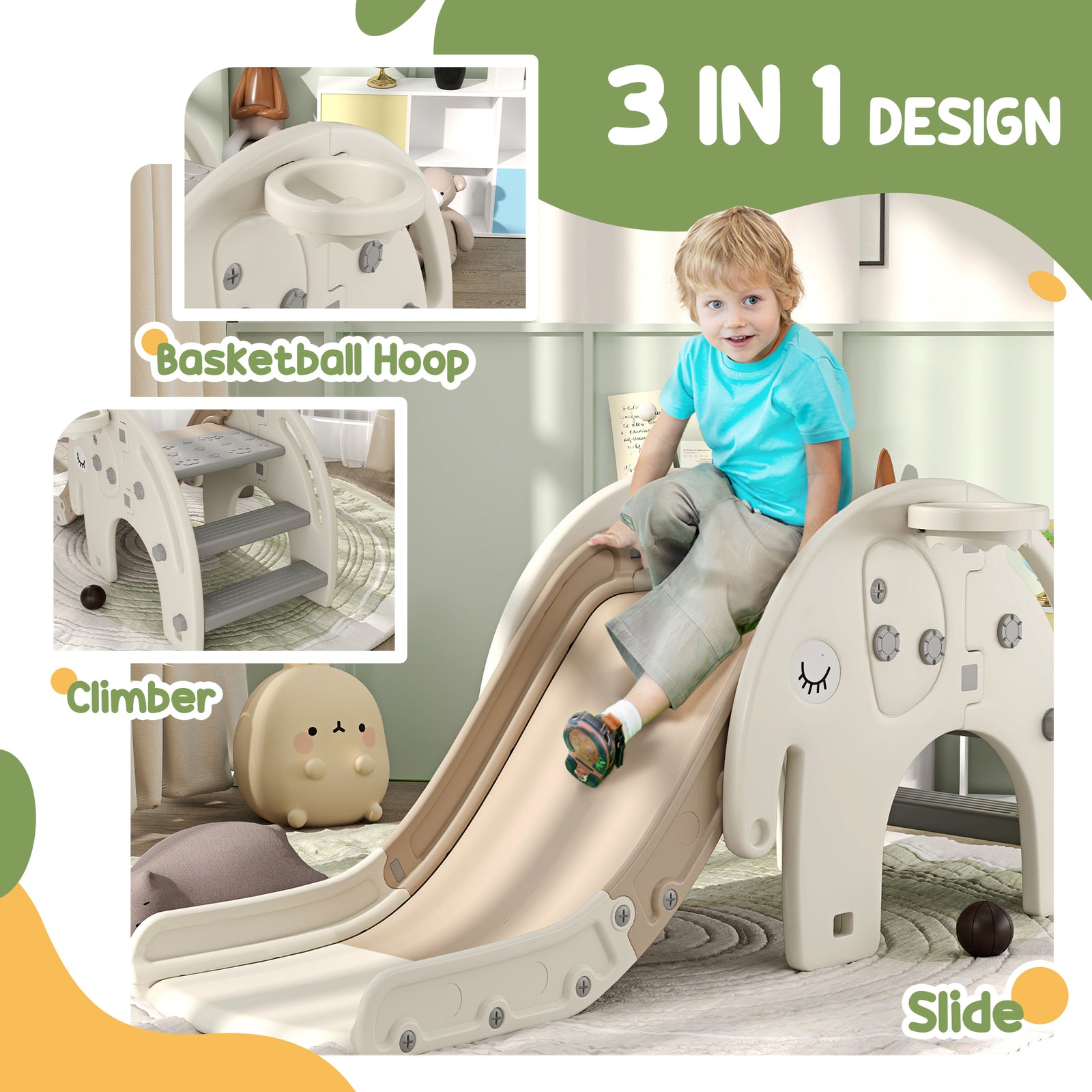 3 In 1 Kids Slide For 1-3 Years, Elephant-themed Indoor Slide