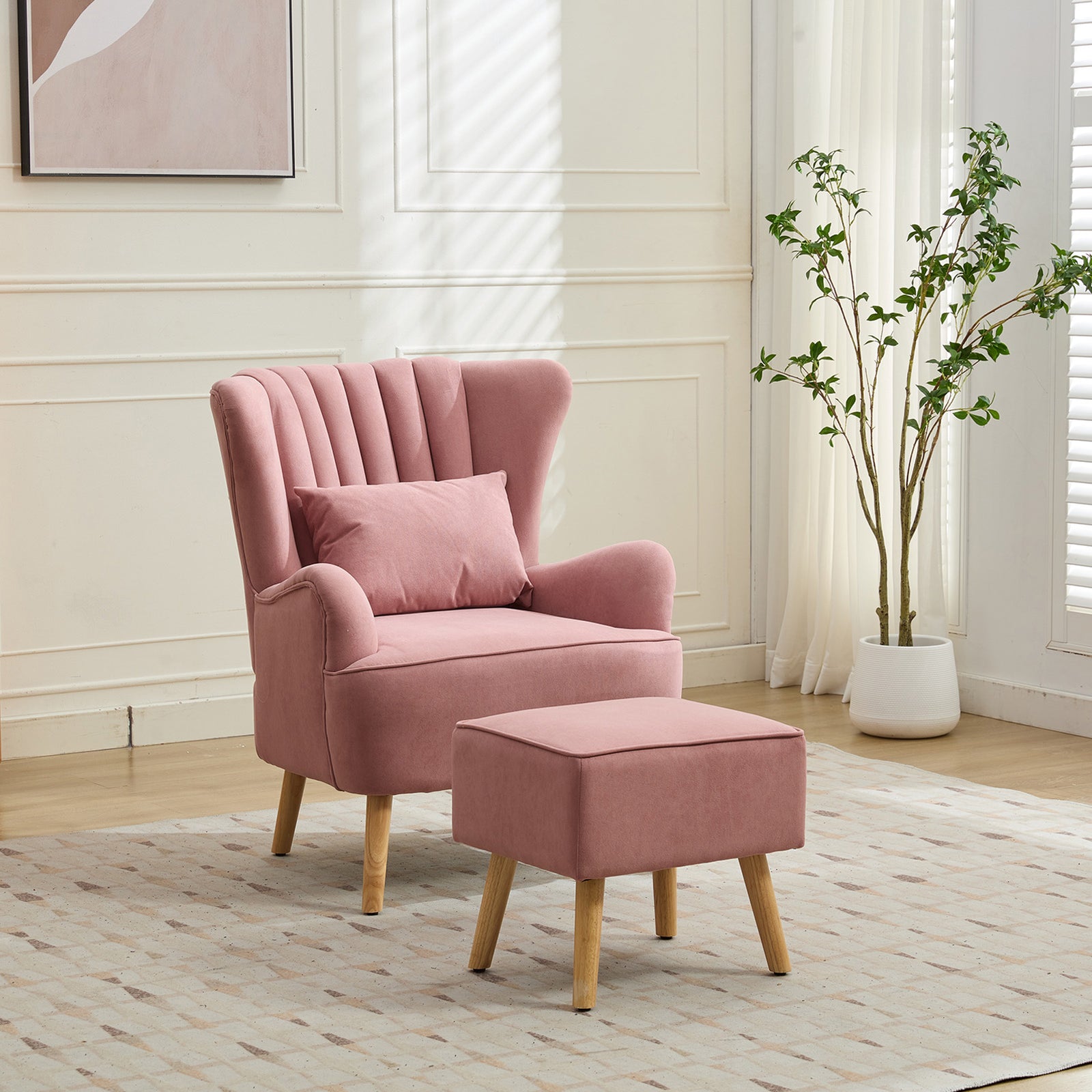Modern Wingback Accent Chair Armchair With Footstool And Lumbar Pillow | Pink