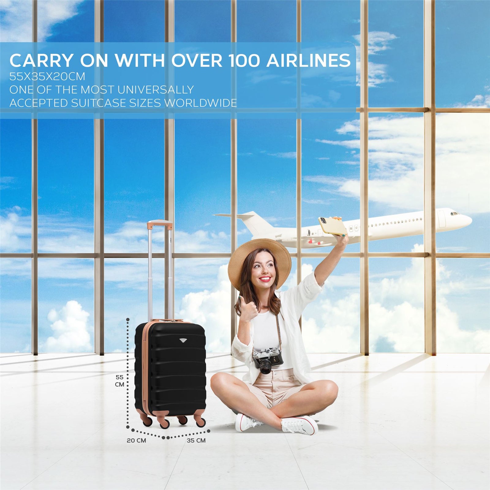 55x35x20cm Cabin Carry On Suitcase Hard Shell Overhead Luggage 100+ Airlines Approved | Cabin | Black & Brown