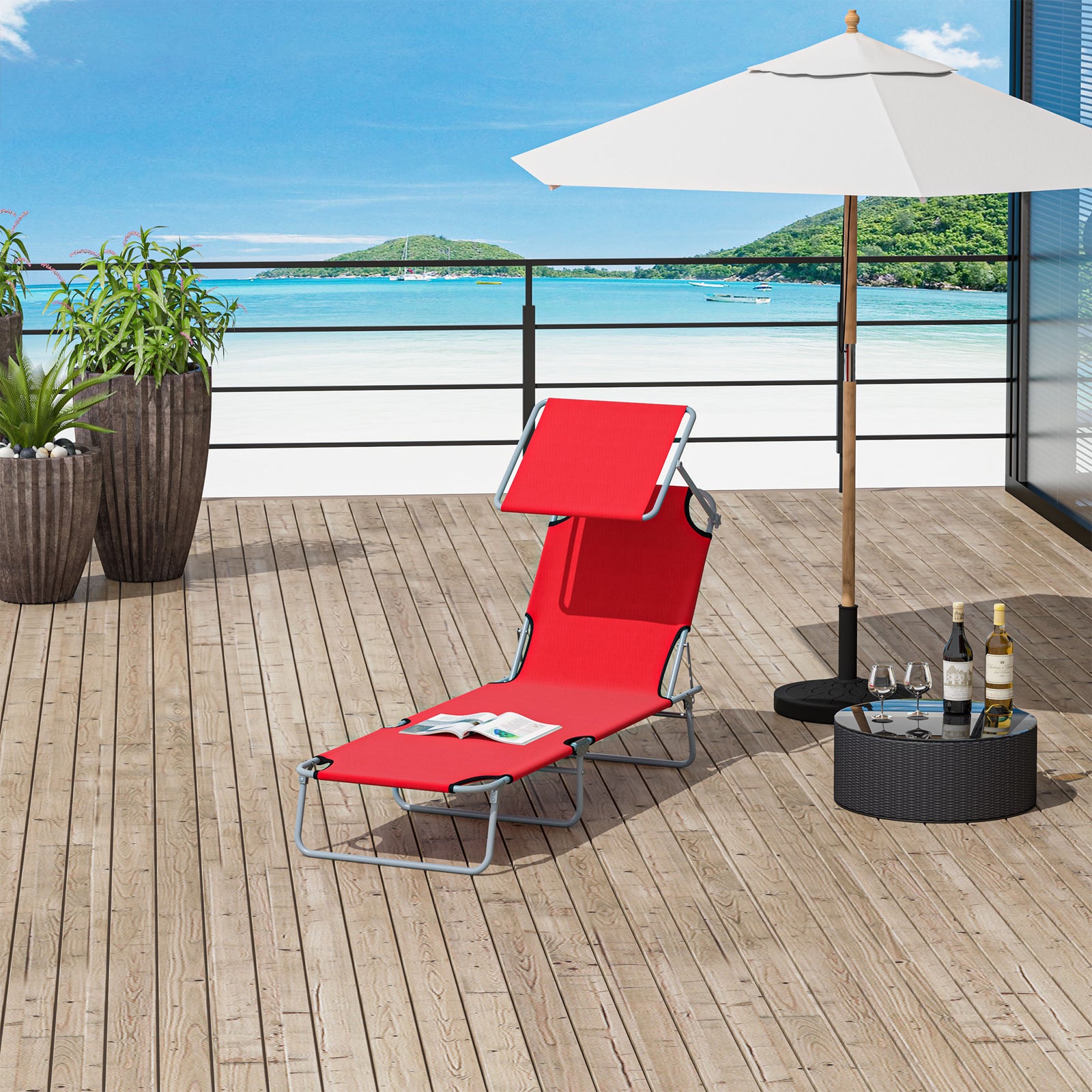 Reclining Sun Lounger Folding Recliner Garden Chair | Set of 1 | Red
