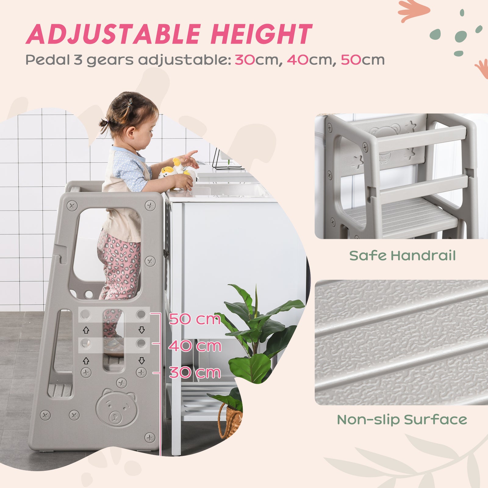 Step Stool, Adjustable Standing Platform, Toddler Kitchen Stool | Gray