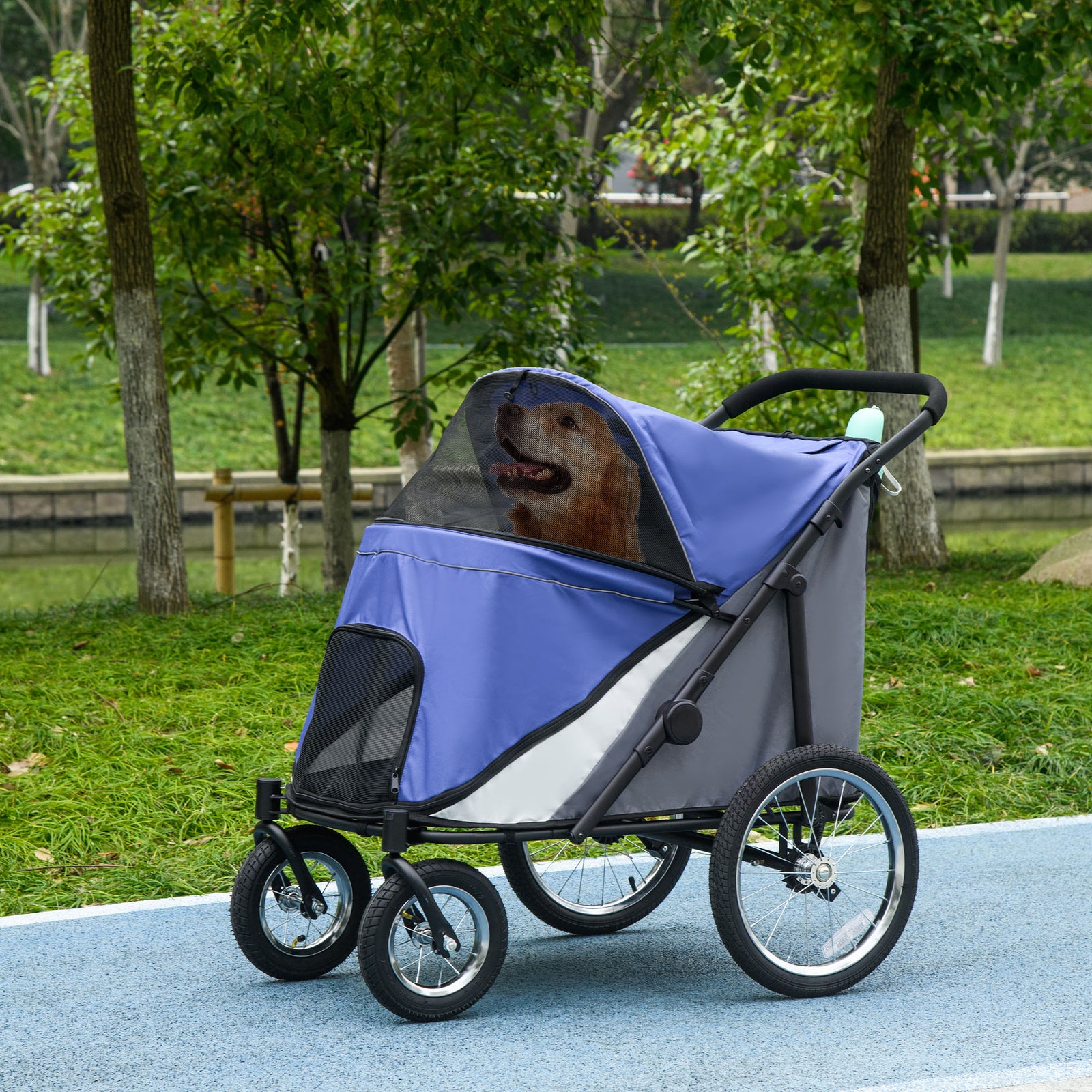 Foldable Pet Stroller With Cushion, For M, L Dogs | Blue