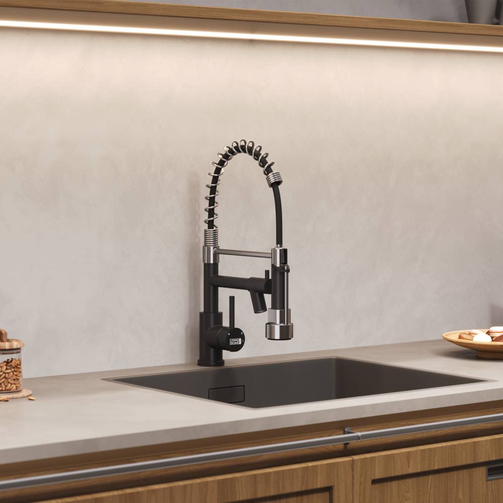 Stainless Steel Kitchen Faucet With Pull Down Spring Spout And Pot Filler | Chrome & Black