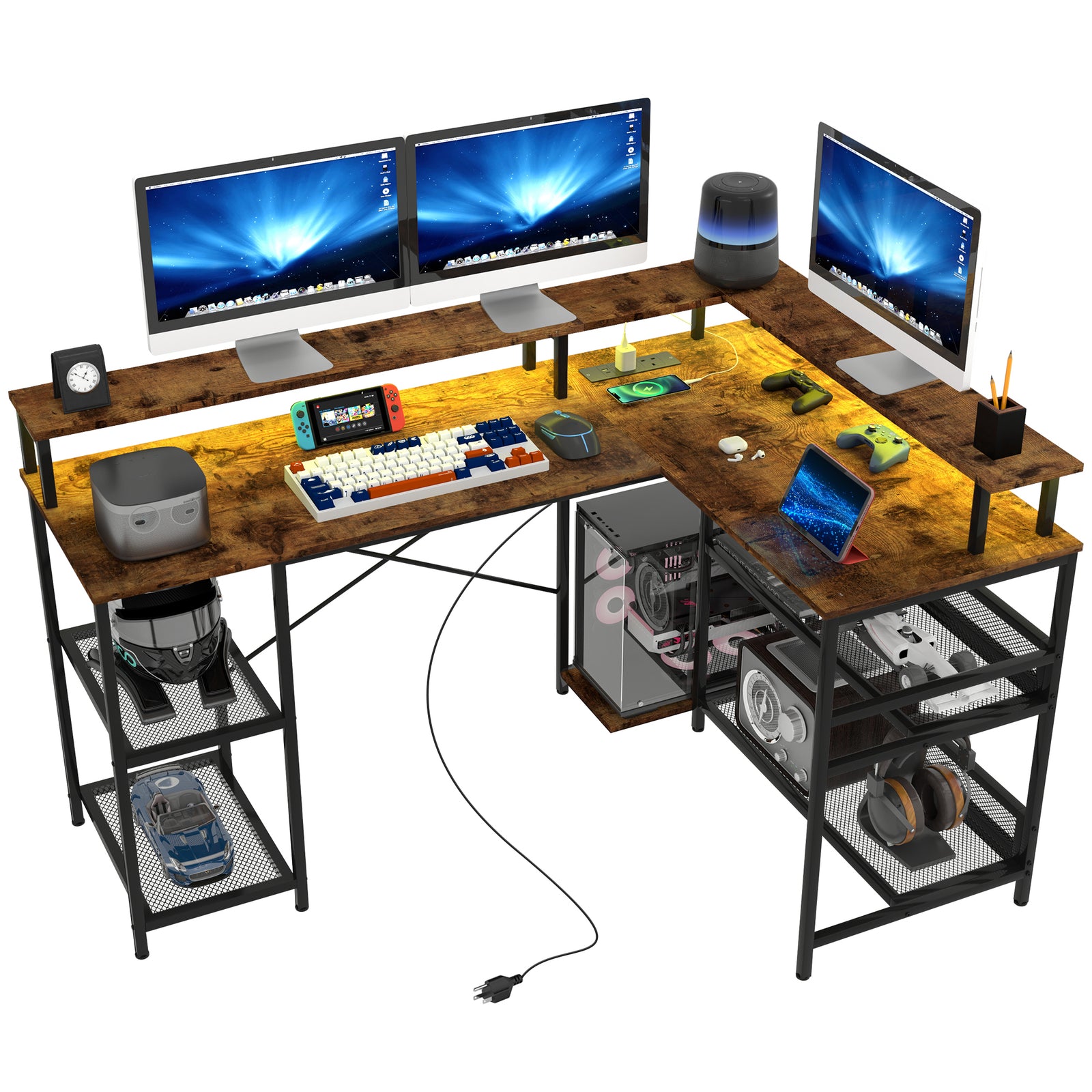L Shaped Gaming Desk W/ Led Lights And Power Outlets