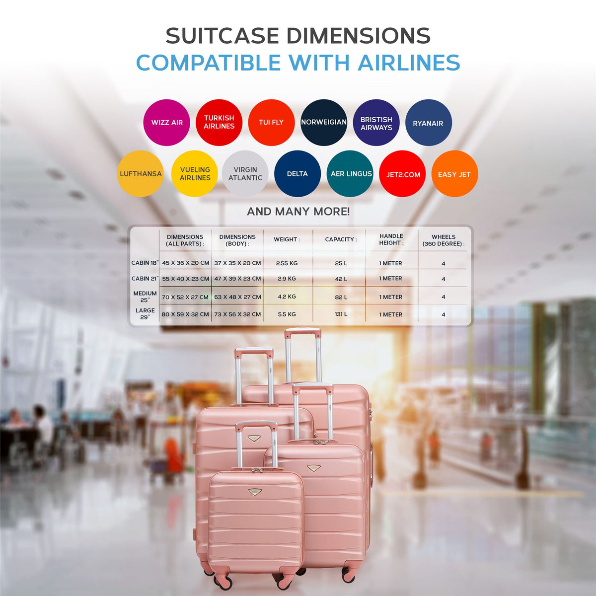 Set Of 4 Hard Suitcases Cabin & Hold Luggage - Underseat Cabin, Overhead Cabin With Medium And Large Checkin Hold Suitcases Set | Set of 4 | Rose