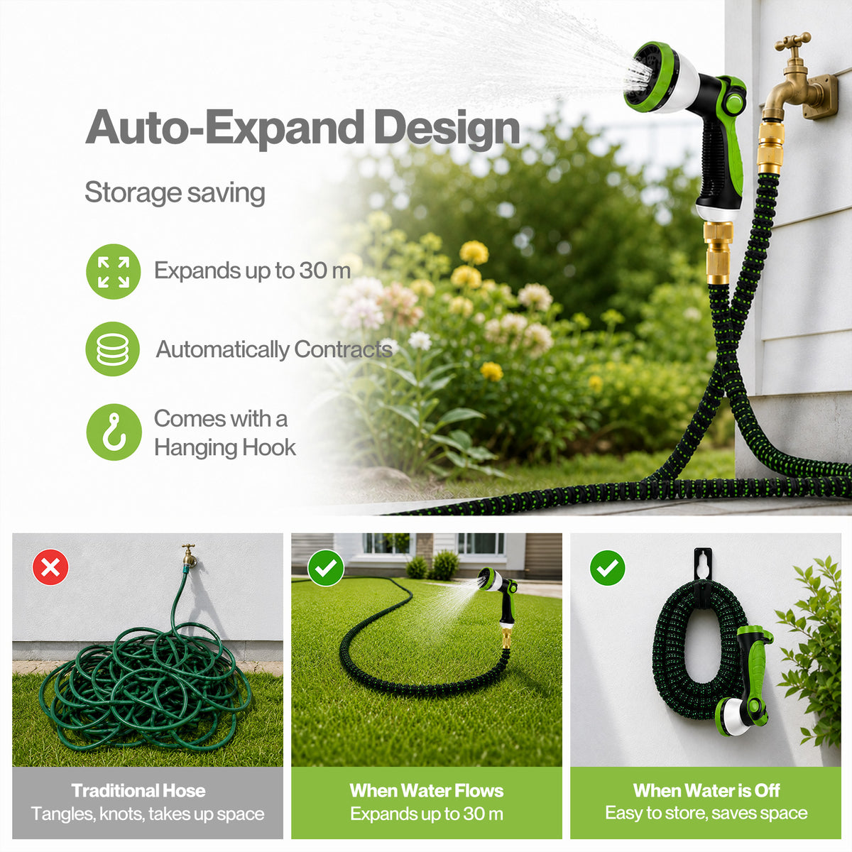 Traderight Expandable Garden Hose 10-pattern Nozzle Kink-free