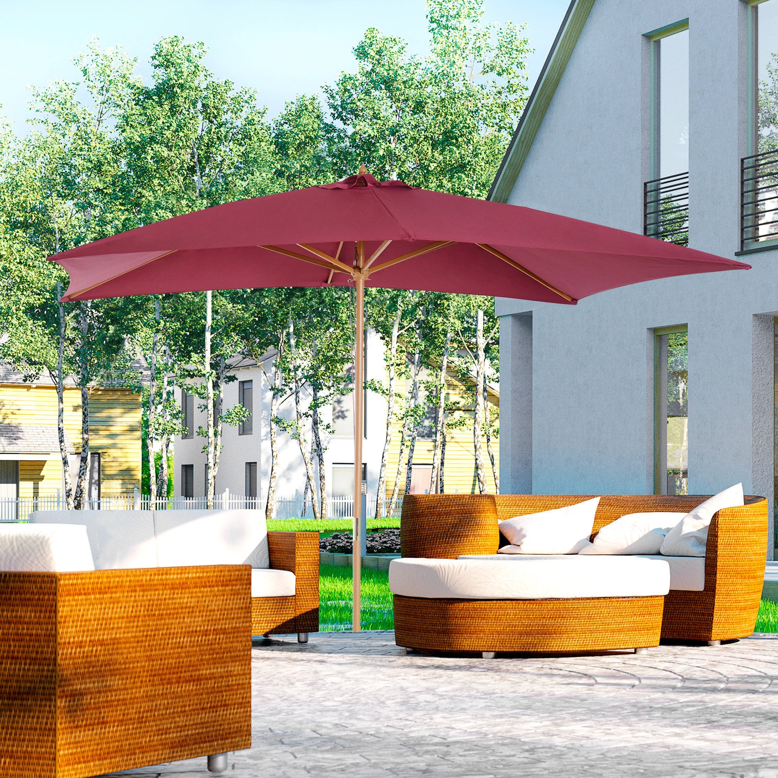Wooden Garden Parasol Sun Shade Outdoor Umbrella Canopy | Red