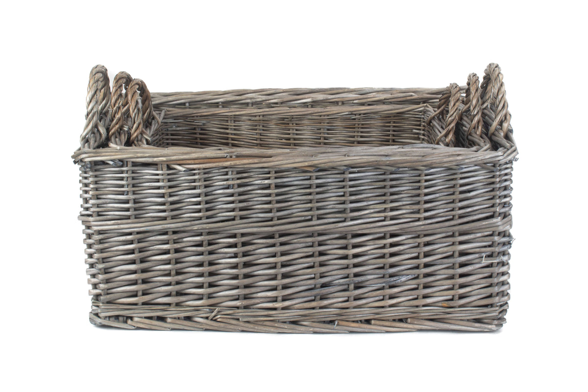 Wicker Shallow Antique Wash Storage Basket | Set of 3 | Brown