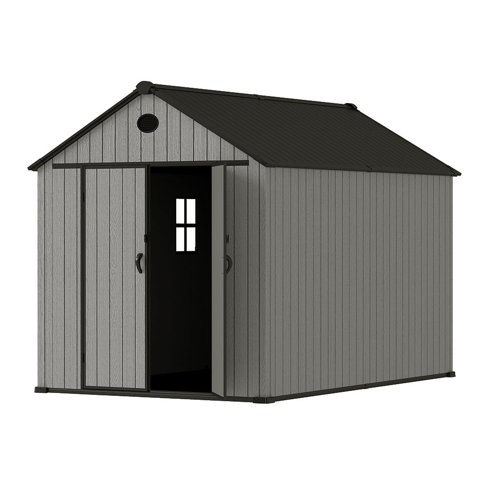 7.38 × 11.32 Ft Garden Tool Shed With Apex Roof & Combination Lock – Heavy-duty Grey Wood Grain Outdoor Storage Shed With Floor,2 Window & Ventilation Panels