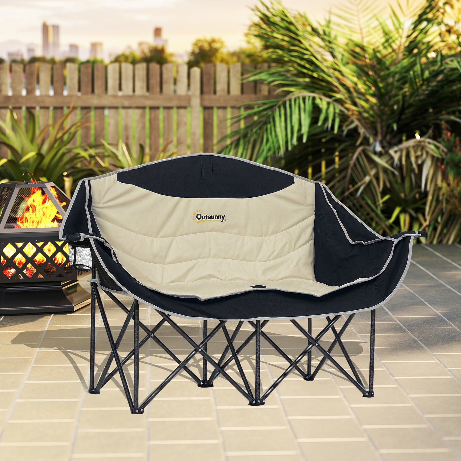 Double Camping Chair For Adults With Armrests, Cup Holders | Khaki