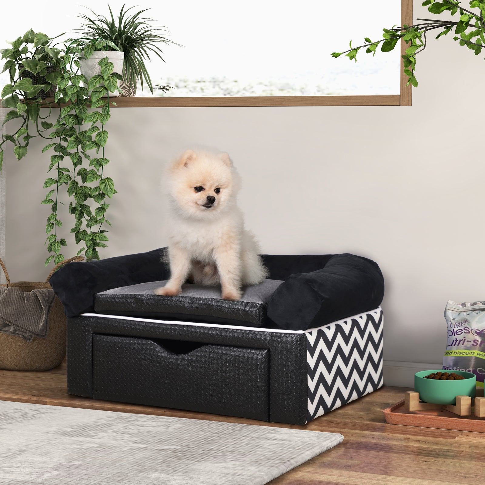 PawHut Dog Sofa Bed With Storage, Drawer, Soft Cushion, For Small Dogs - Black