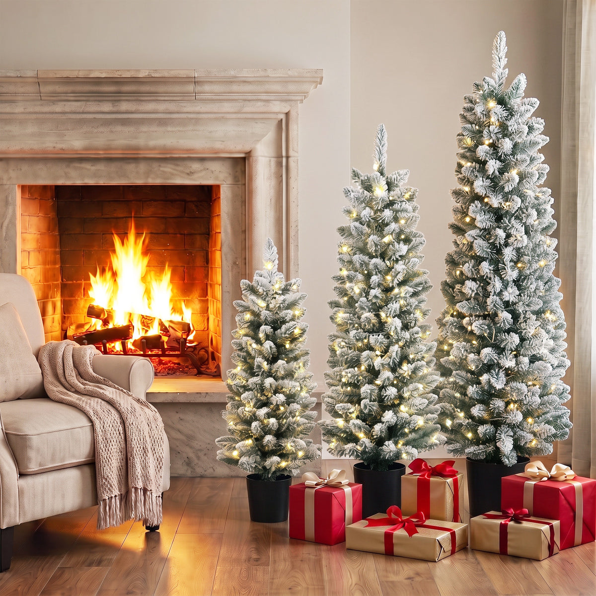 HOMCOM Prelit Snowy Flocked Artificial Christmas Tree Set Of 3, 3ft/4ft/5ft