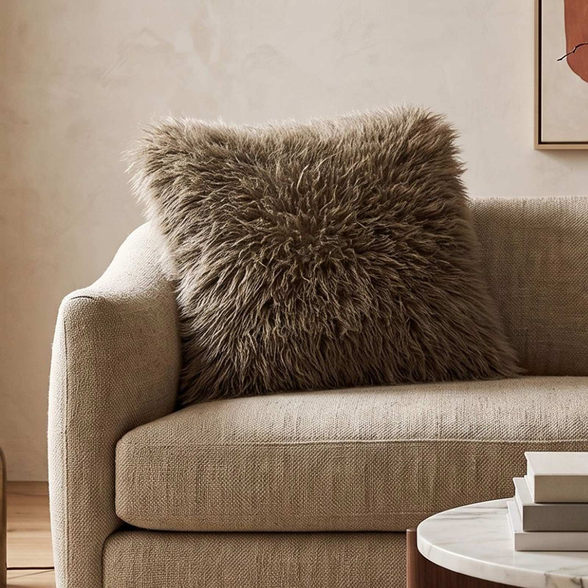 Faux Mongolian Fur Cushion, 40 X 40cm | 40cm x 40cm | Brown
