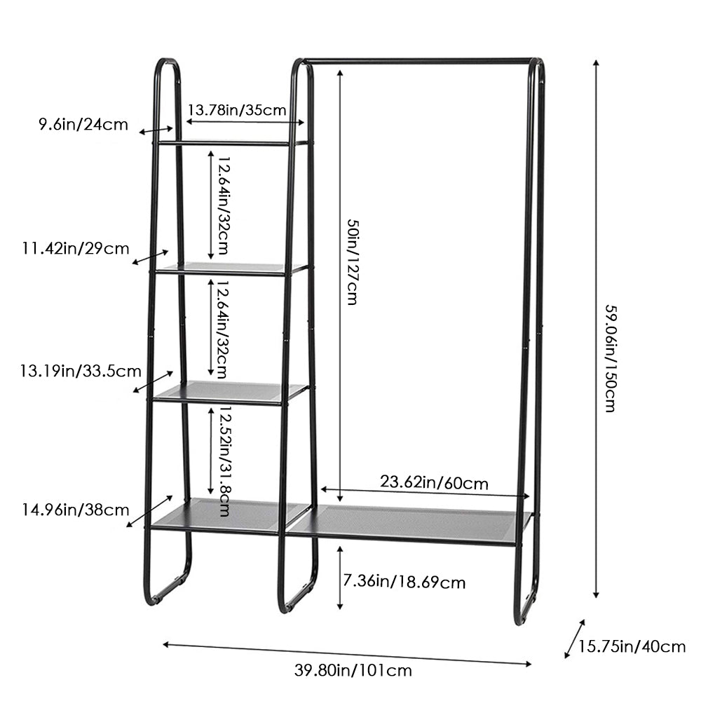 Freestanding Garment Rack In Black Metal With 1 Hanging Rod And 4 Shelves