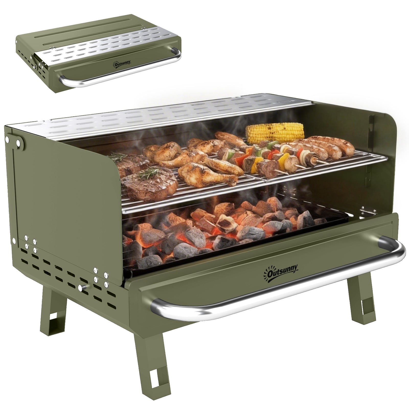 Portable Barbecue Grill With Adjustable Grates For Camping | Green