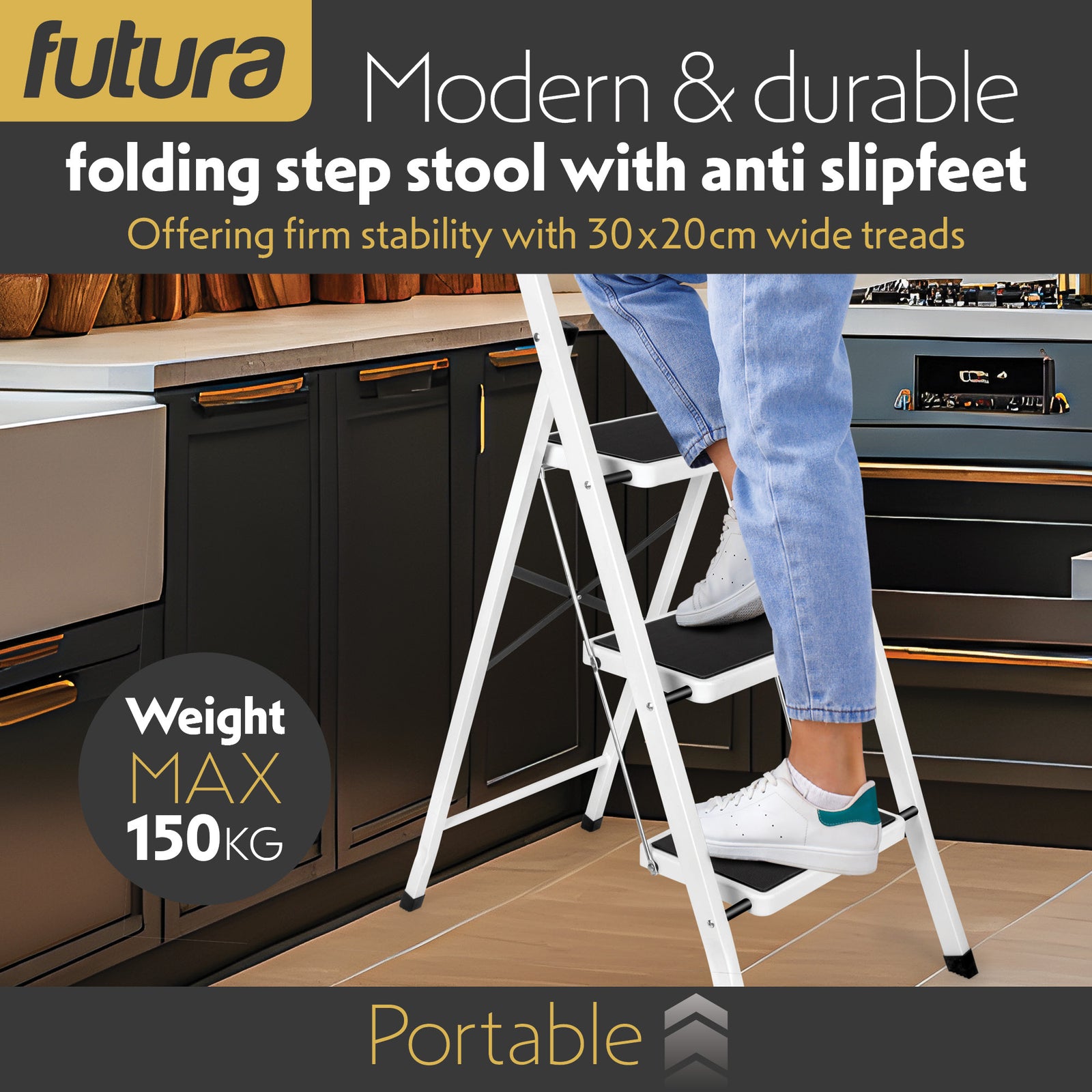 3 Step Ladder, Heavy-duty Steel Folding Home Diy Step Stool With Wide Non-slip Steps & Anti Slip Feet 150kg Capacity | 3 Step | White
