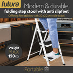 3 Step Ladder, Heavy-duty Steel Folding Home Diy Step Stool With Wide Non-slip Steps & Anti Slip Feet 150kg Capacity | 3 Step | White