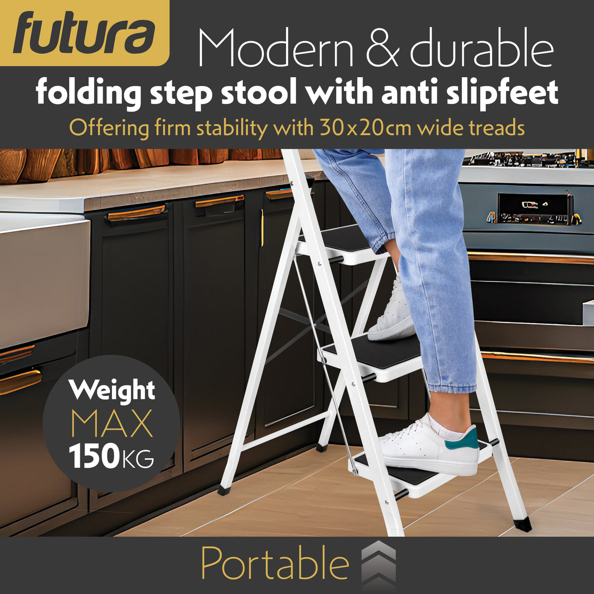 3 Step Ladder, Heavy-duty Steel Folding Home Diy Step Stool With Wide Non-slip Steps & Anti Slip Feet 150kg Capacity | 3 Step | White