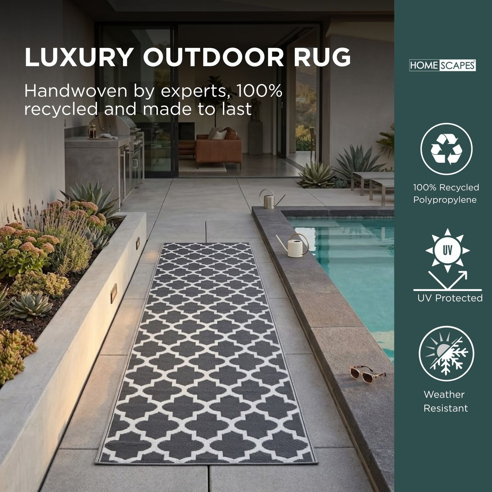 Luxury Outdoor Rug Waterproof Reversible For Garden Patio 100% Recycled, Black Nola Geometric | 75cm x 200cm | Black
