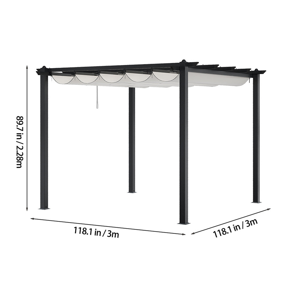 3m X 3m Aluminium Outdoor Retractable Pergola,pa-coated Polyester Canopy,flat Roof Sunshade Canopy For Patio Or Garden