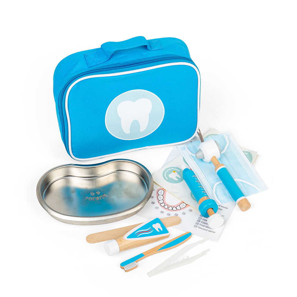 Kids Dentist Set - 12 Wooden Play Pieces & Carry Bag