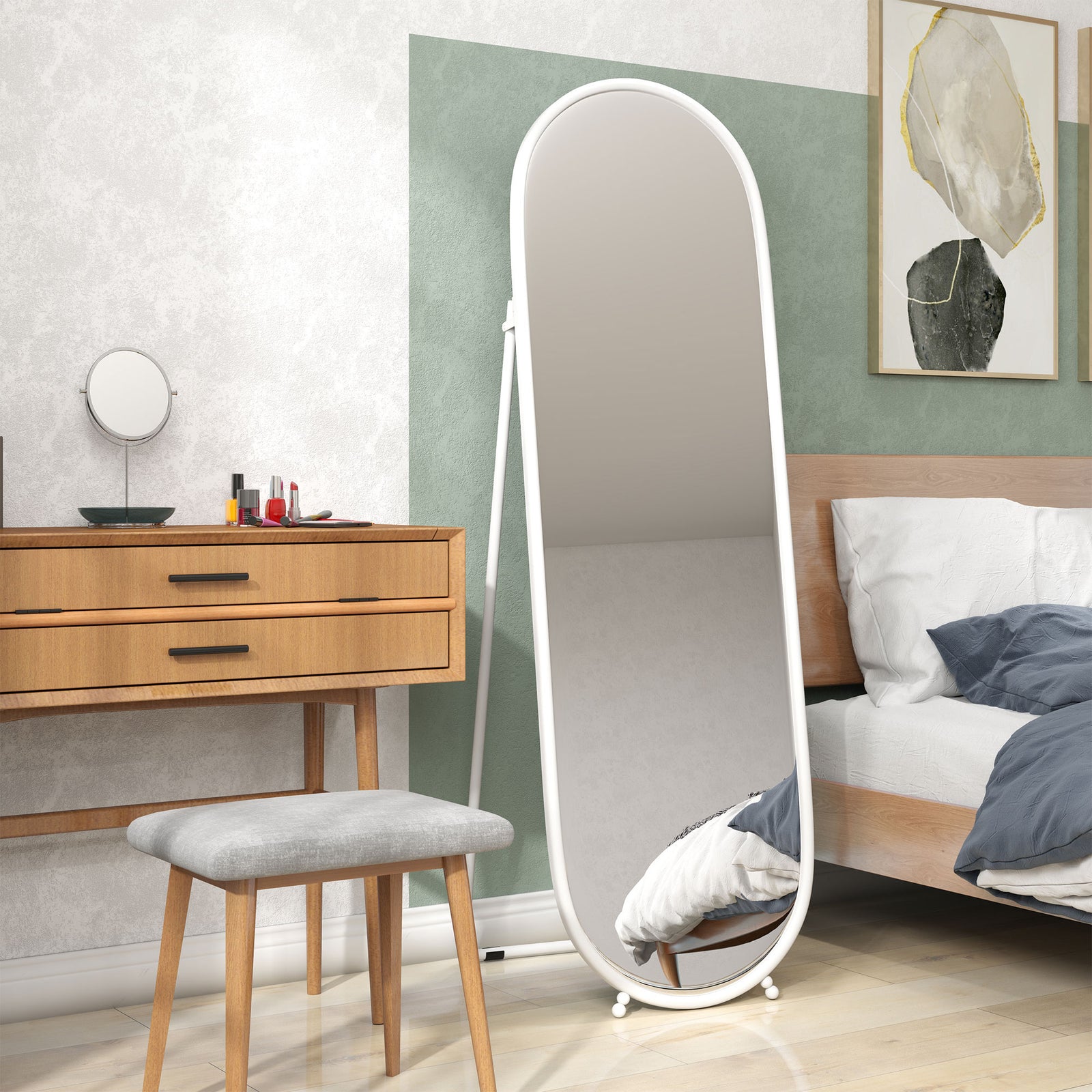 Oval Full Length Mirror With Metal Frame Hanging Or Leaning | One Size | White