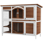 Two-tier Wooden Rabbit Hutch W/ Openable Roof, Slide-out Tray, Ramp | Brown