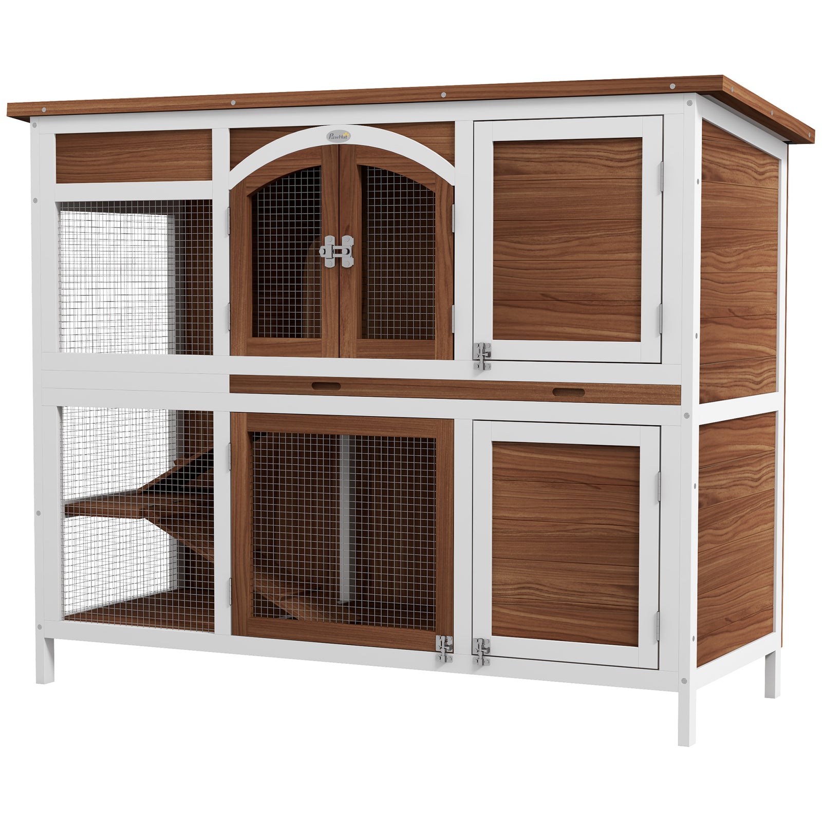 Two-tier Wooden Rabbit Hutch W/ Openable Roof, Slide-out Tray, Ramp | Brown