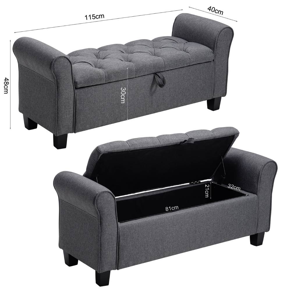 Linen Storage Ottoman Bench with Splayed Armrests, 115cm - Stylish Chaise with Hidden Storage and Rubberwood Legs