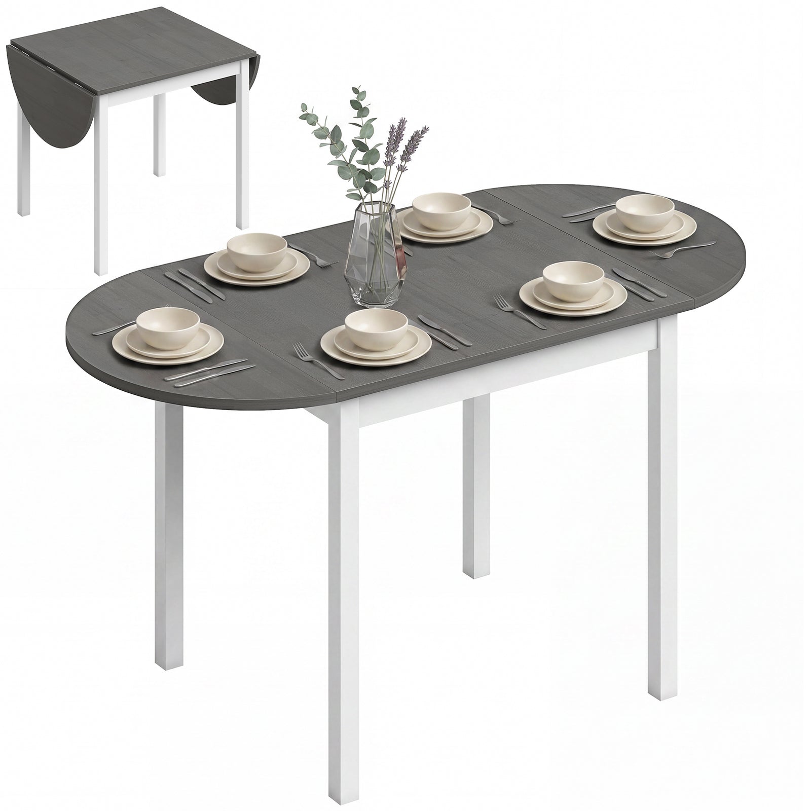 HOMCOM Foldable Dining Table, Solid Wood Drop Leaf Table, Grey