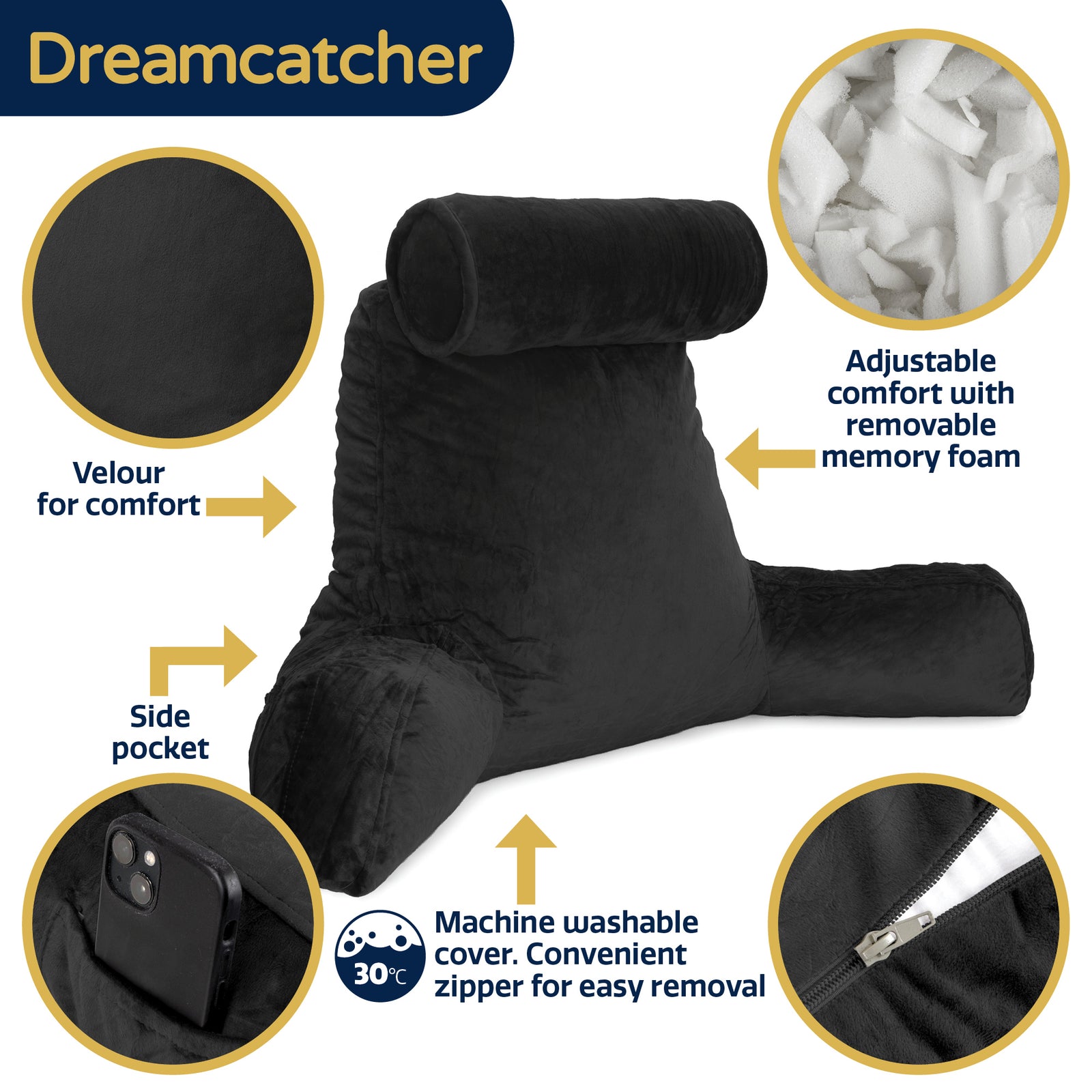 Deluxe Reading Pillow Detachable Headrest, Shredded Memory Foam Cuddle Cuddle Cushion Backrest Arm Support | XL | Black