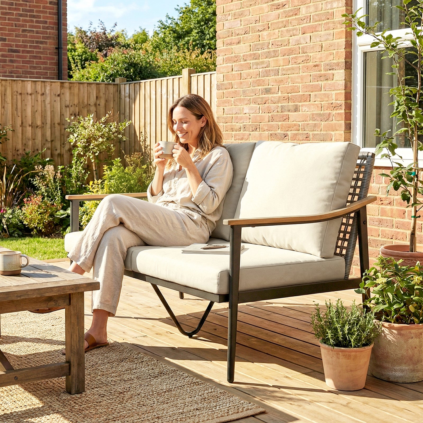 2 Seater Rattan Garden Sofa With Wood-effect Arms, Cushions, Khaki