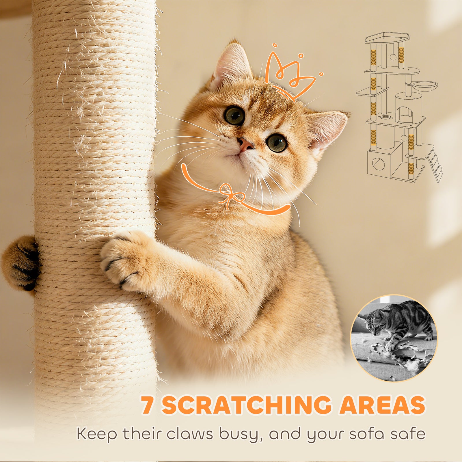 170 Cm Cat Tree, Large Cat Tower With 7 Scratching Posts | Beige