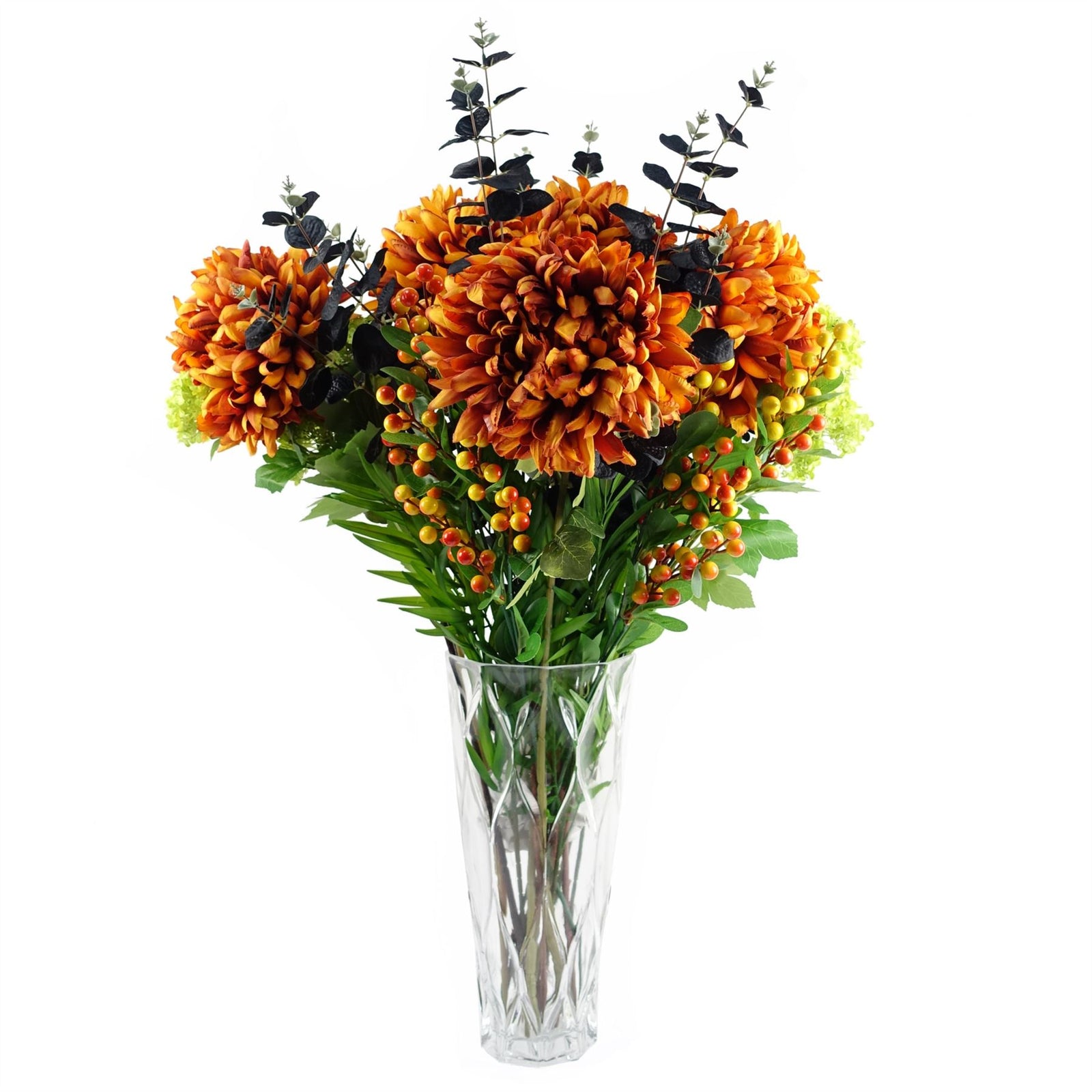 80cm Artificial Orange Chrysanthemum Foliage And Glass Vase