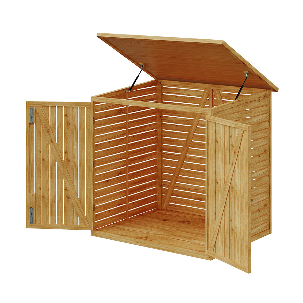 Outdoor Fir Wood Trash Bin Storage Shed– Sloped Asphalt Roof, Lockable Door, Natural Wood, Floor Included