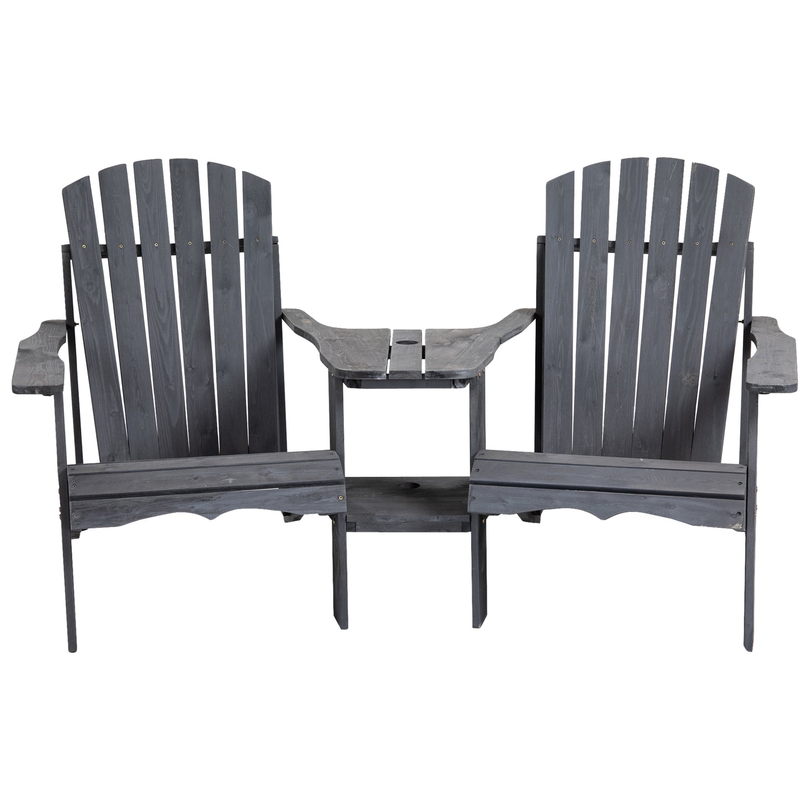 Wooden Double Adirondack Chair W/ Table & Umbrella Hole | Dark Gray