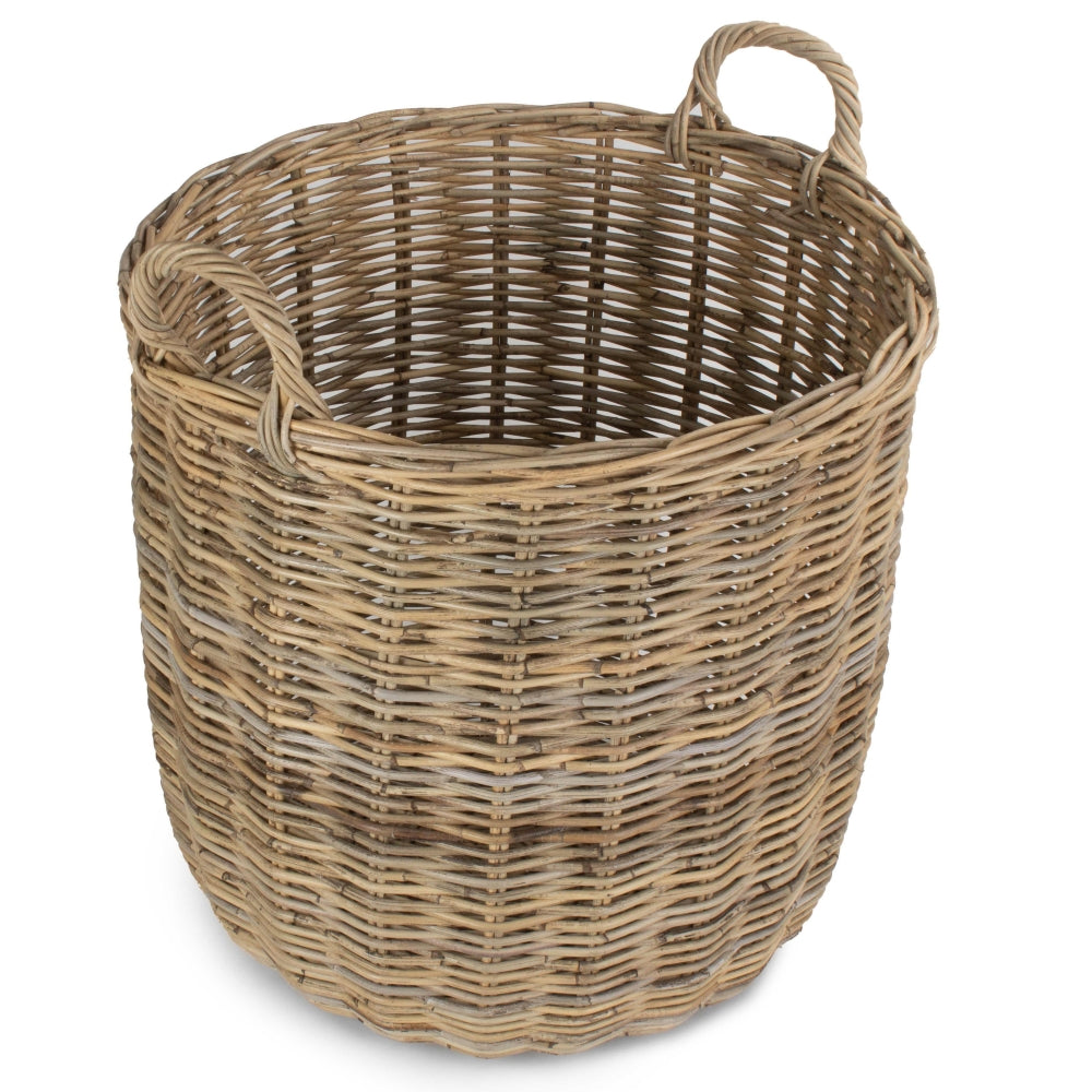 Tall Round Fireside Grey Rattan Log Basket | Small | Brown