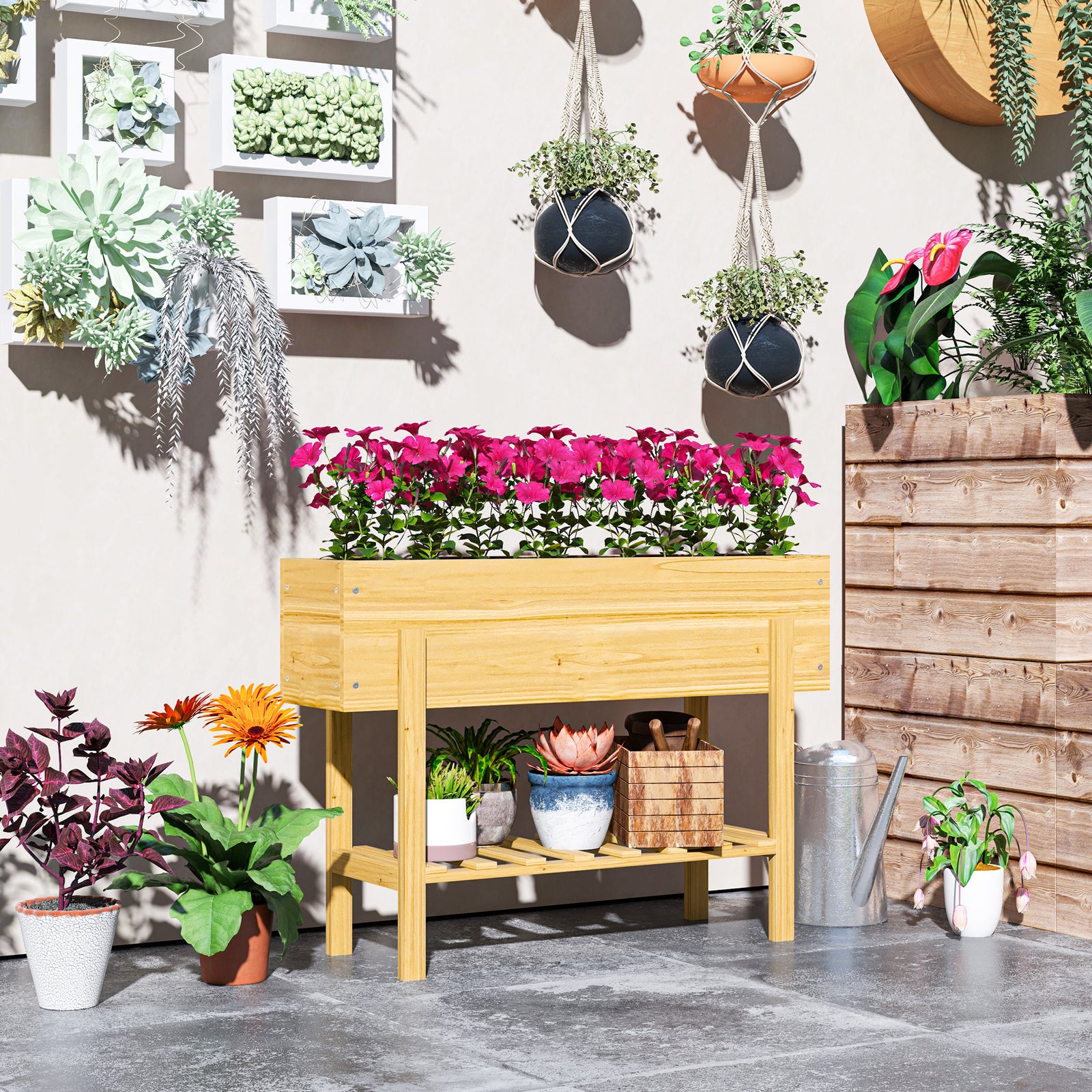 Wooden Raised Bed W/ Bed Liner, Storage Shelf | Natural