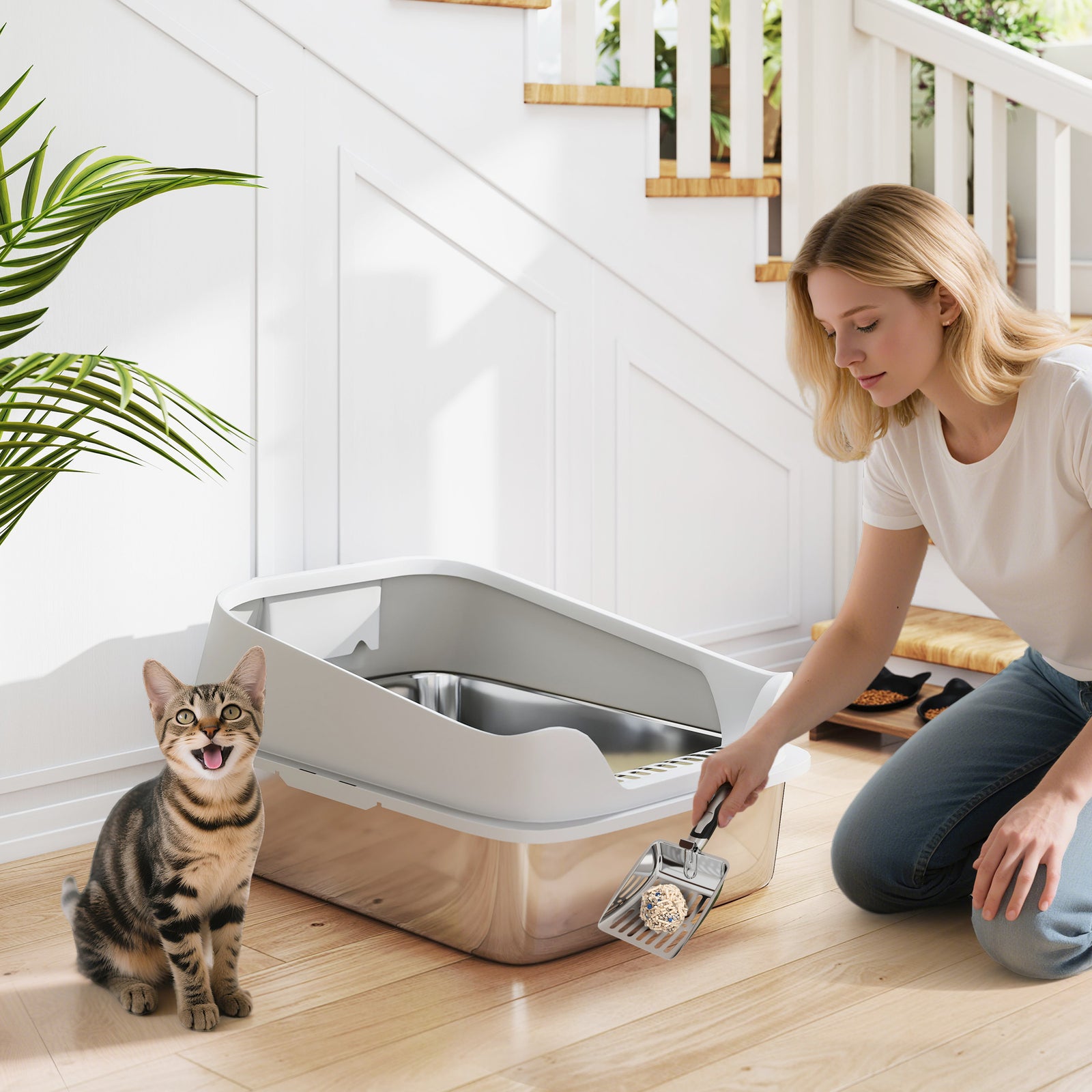 Xl Stainless Steel Cat Litter Box With High Sides, 60 X 40 X 30 Cm | Grey