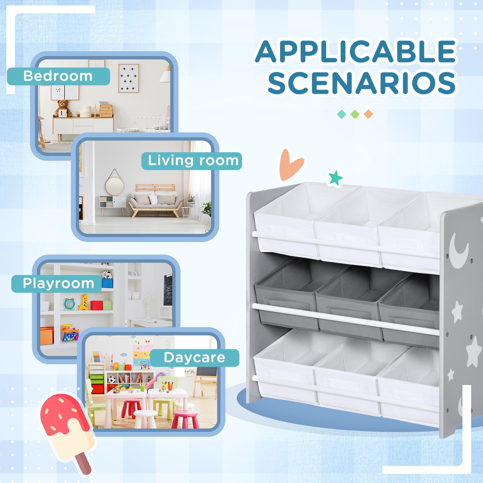 Storage Unit W/9 Removable Storage Baskets For Nursery Playroom | Grey