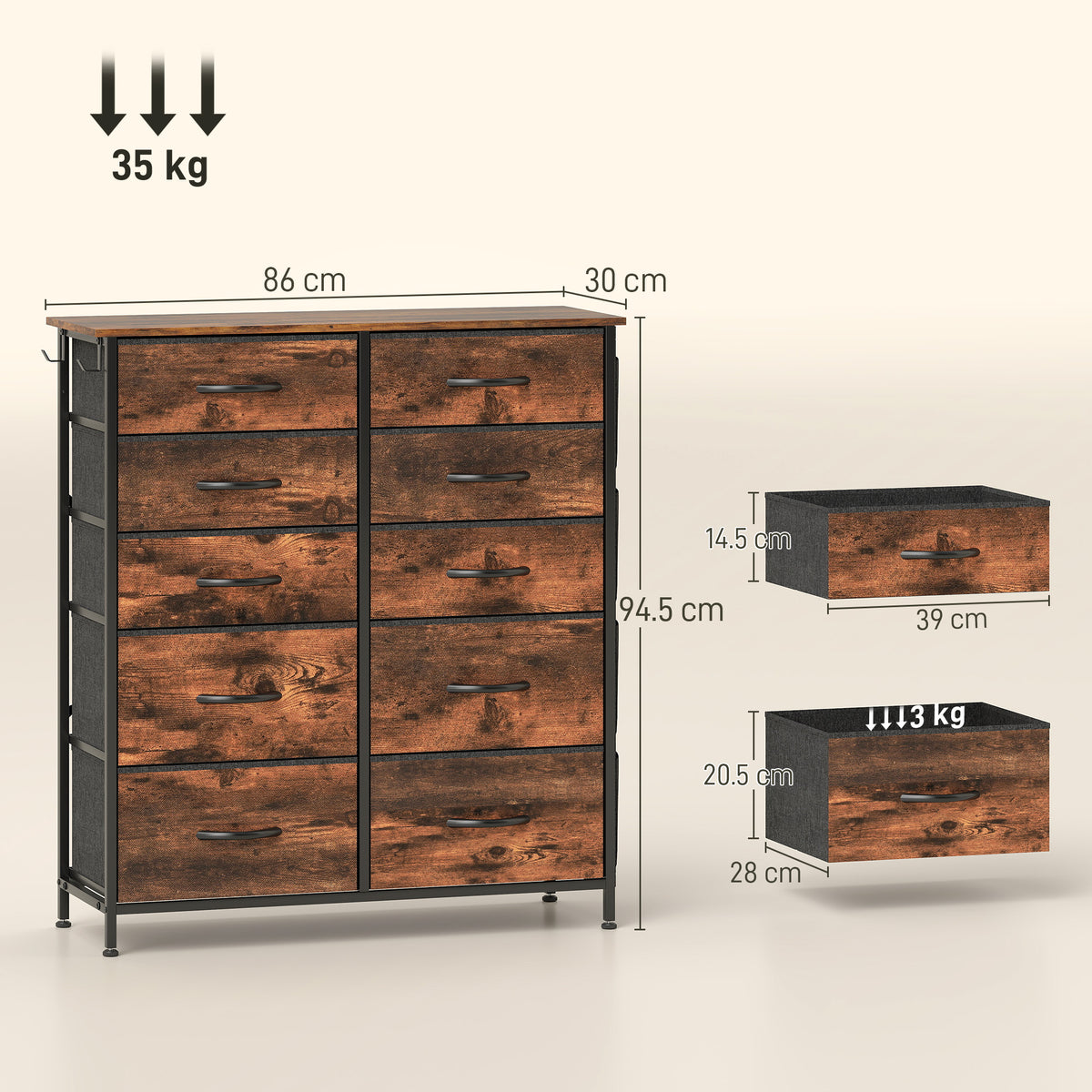 HOMCOM Fabric Chest Of Drawers, 10 Drawer Dresser For Bedroom