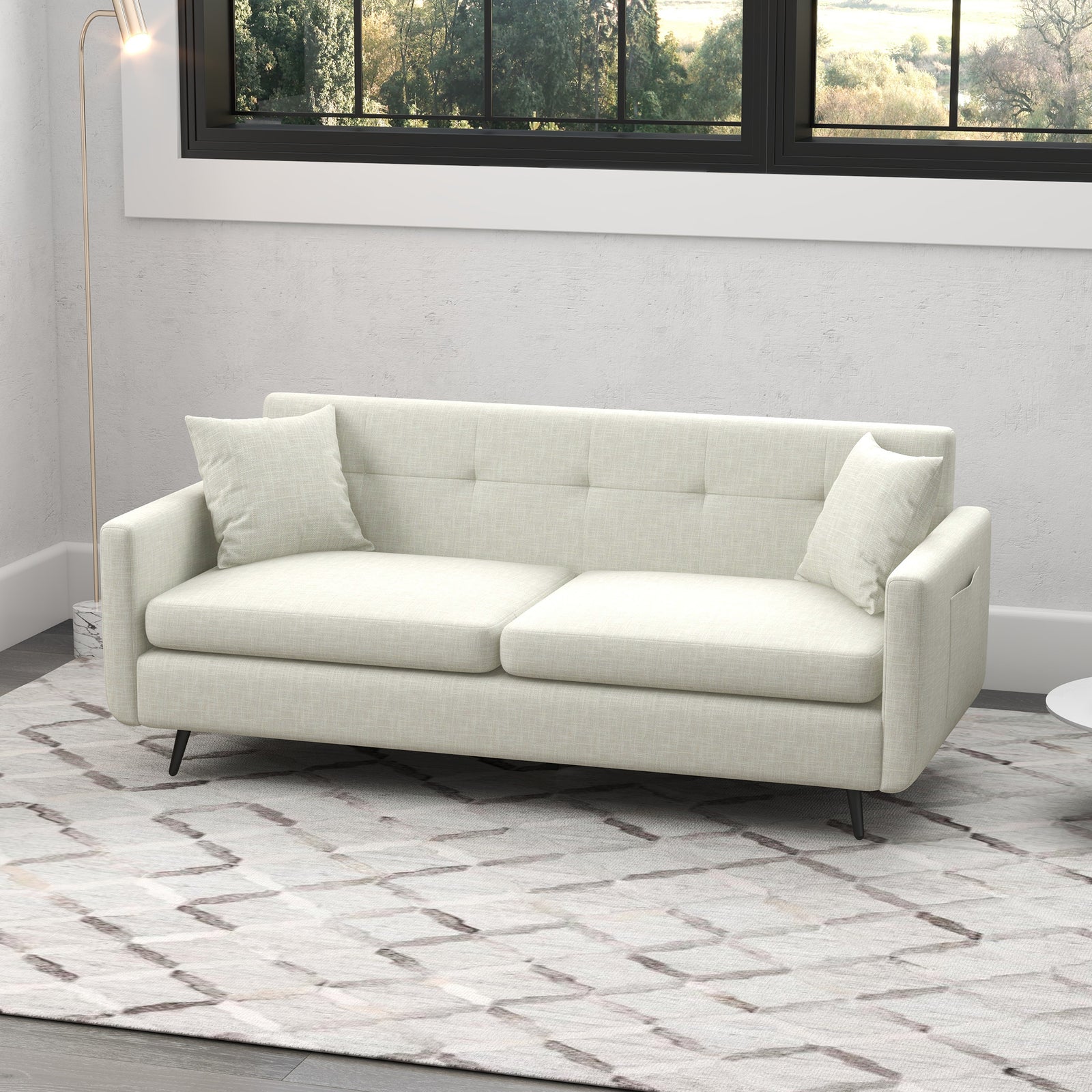 2 Seater Sofa 165cm Fabric Couch With Wood Legs And Pockets | One Size | Beige