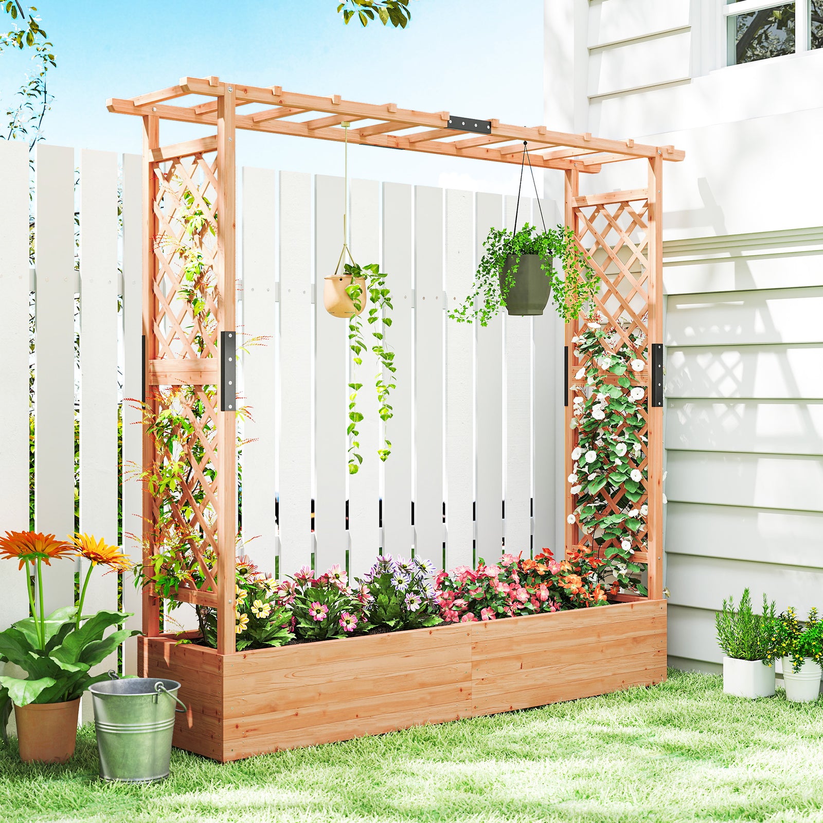 Raised Garden Bed With Trellis 196x44x181cm Natural