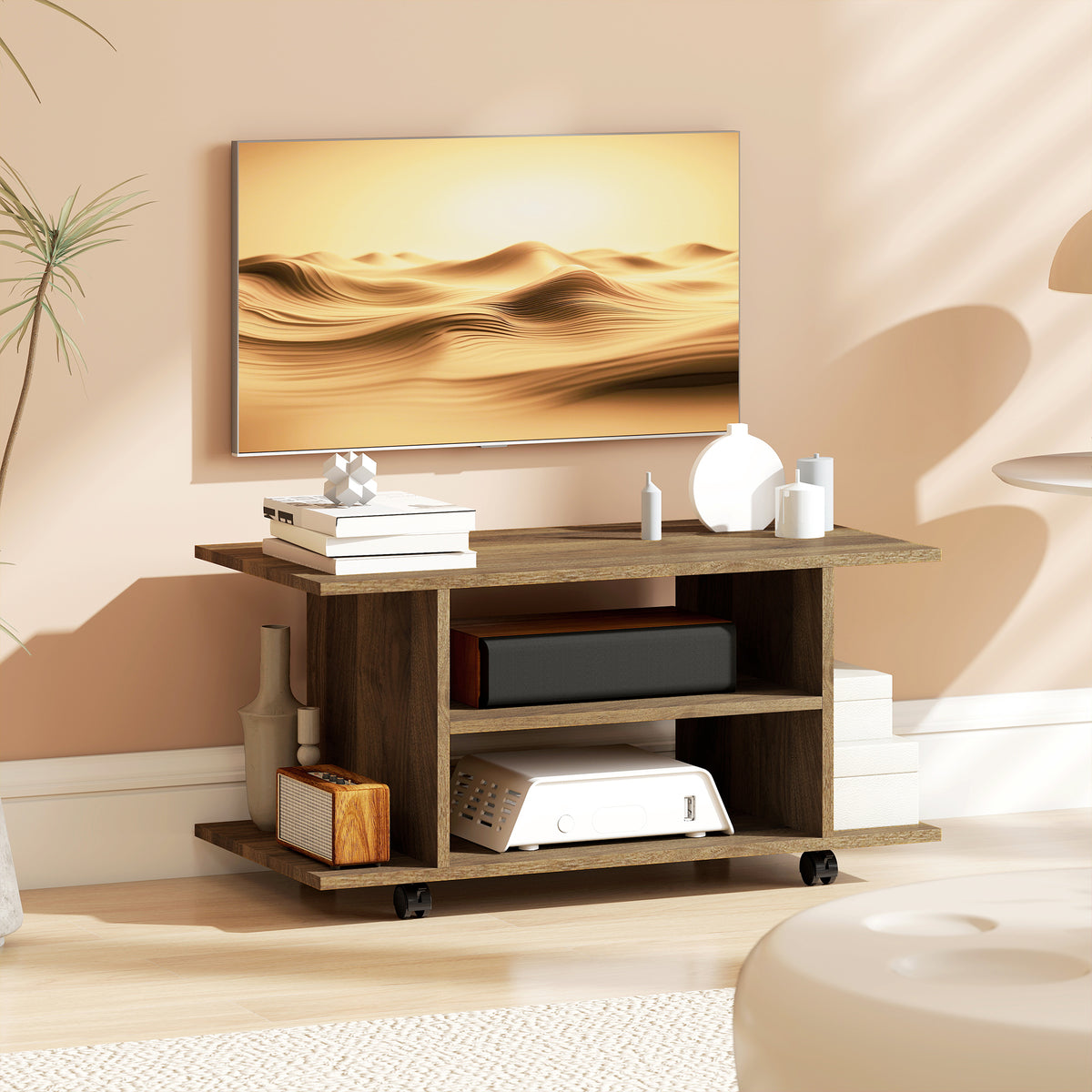 HOMCOM Modern Tv Cabinet Stand Storage Shelves Table Mobile Walnut