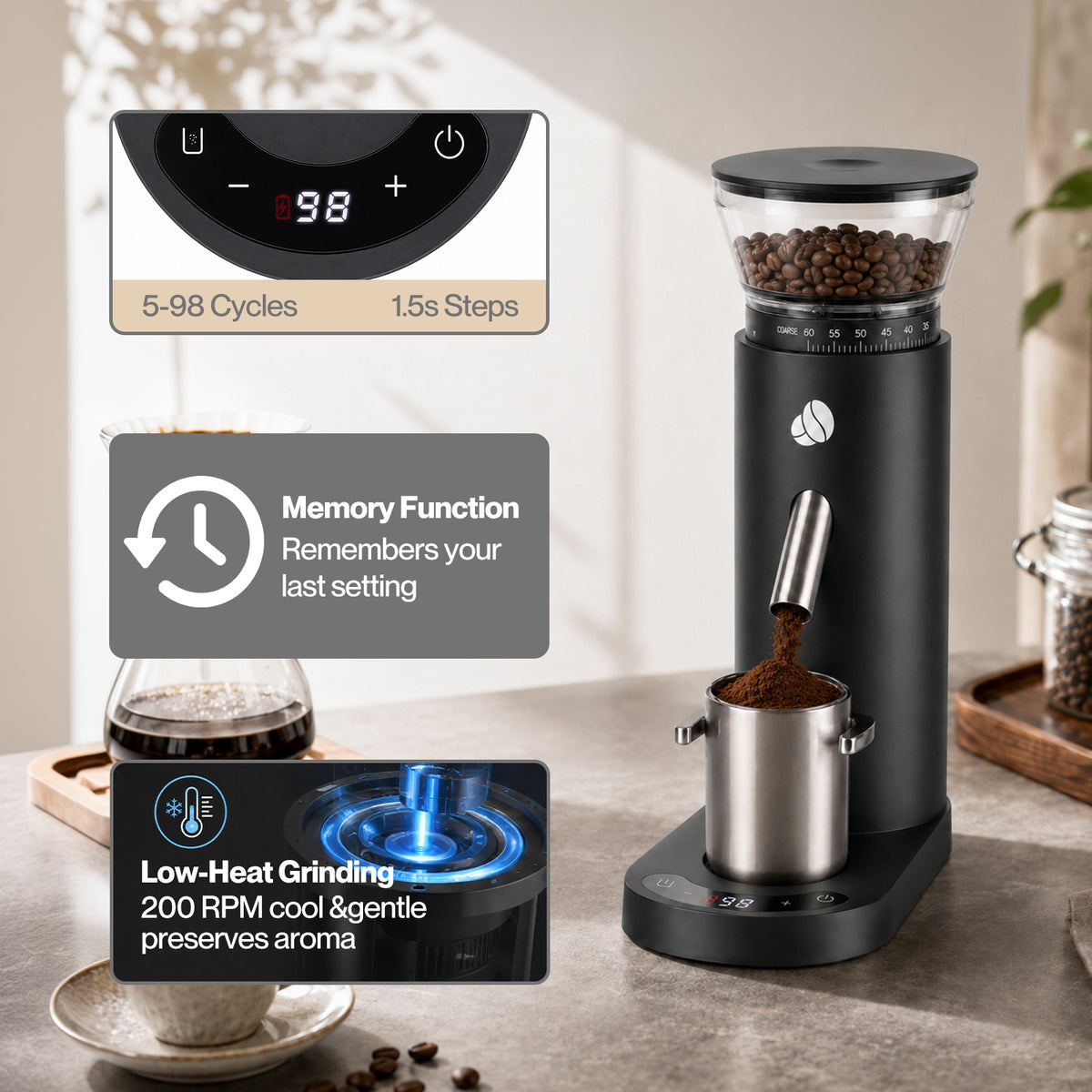 Spector Coffee Grinder Usb Rechargeable Timer Memory 60 Settings Black