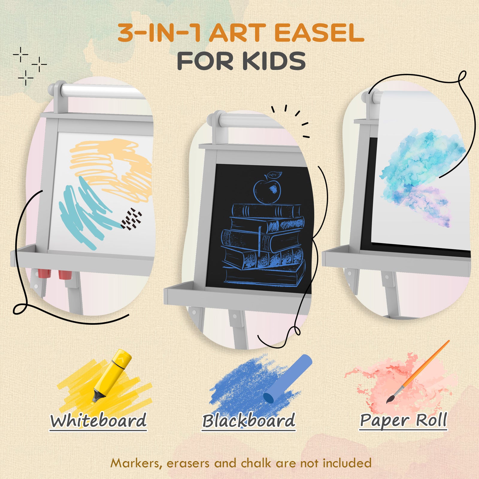 Double-sided Art Easel For Kids W/ Paper Roll, Storage Baskets | Gray