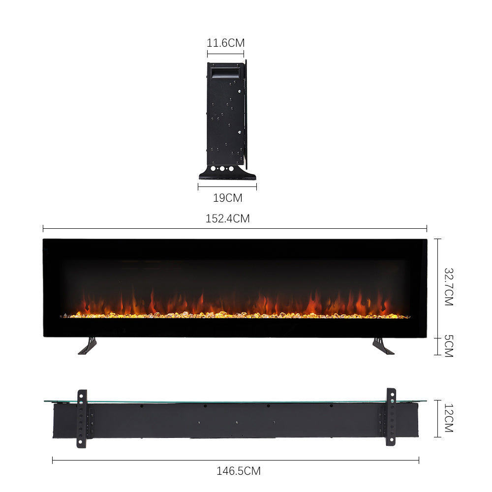 40/50/60-inch Electric Fireplace, Wall Mounted Or Freestanding, Tempered Glass Panel, 12 Flame Colors, 5 Brightness Levels, Timer & Remote Control | Large | Black