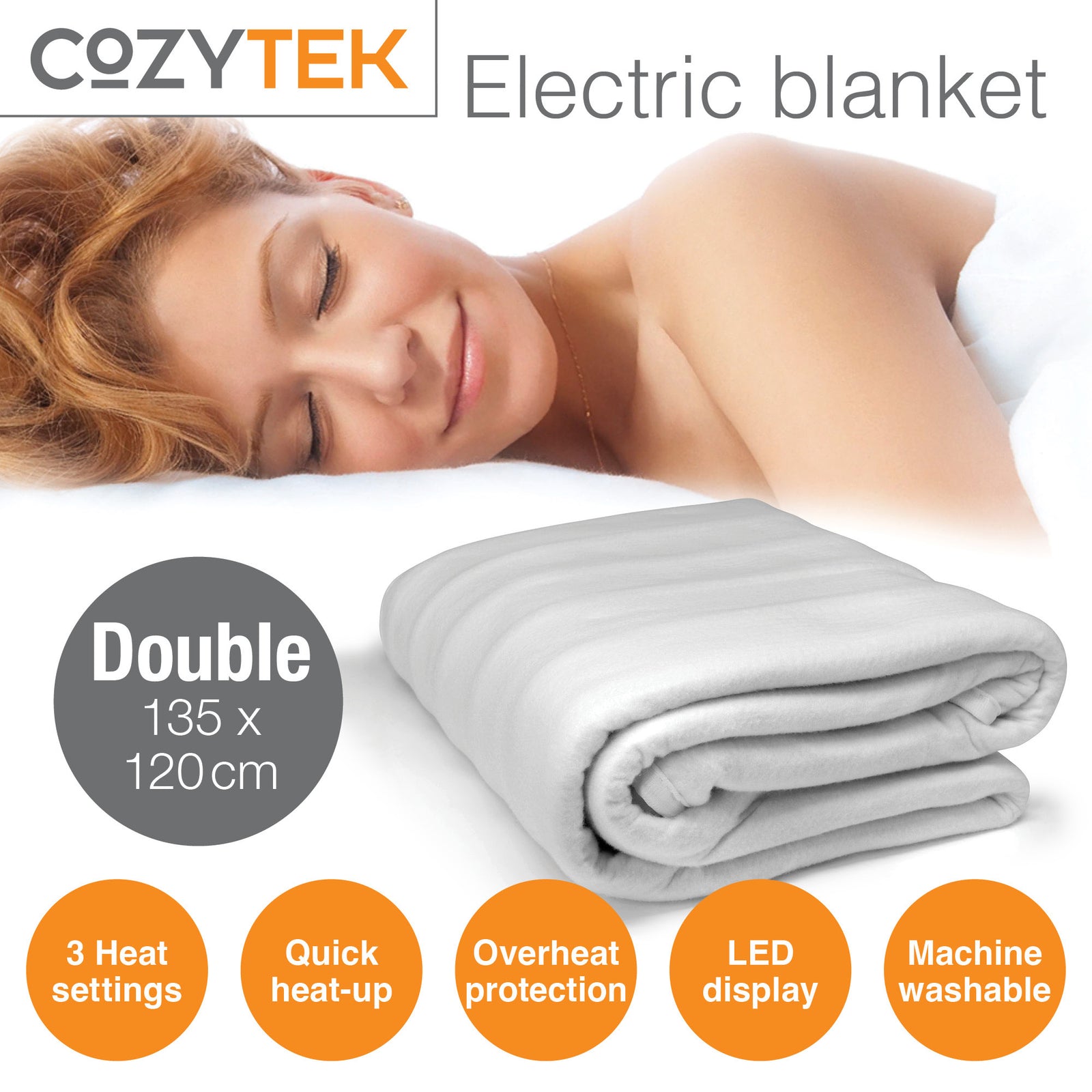 Electric Heated Blanket Underblanket Heated Sheet & Secure Ties 3 Heat Settings | Double | White