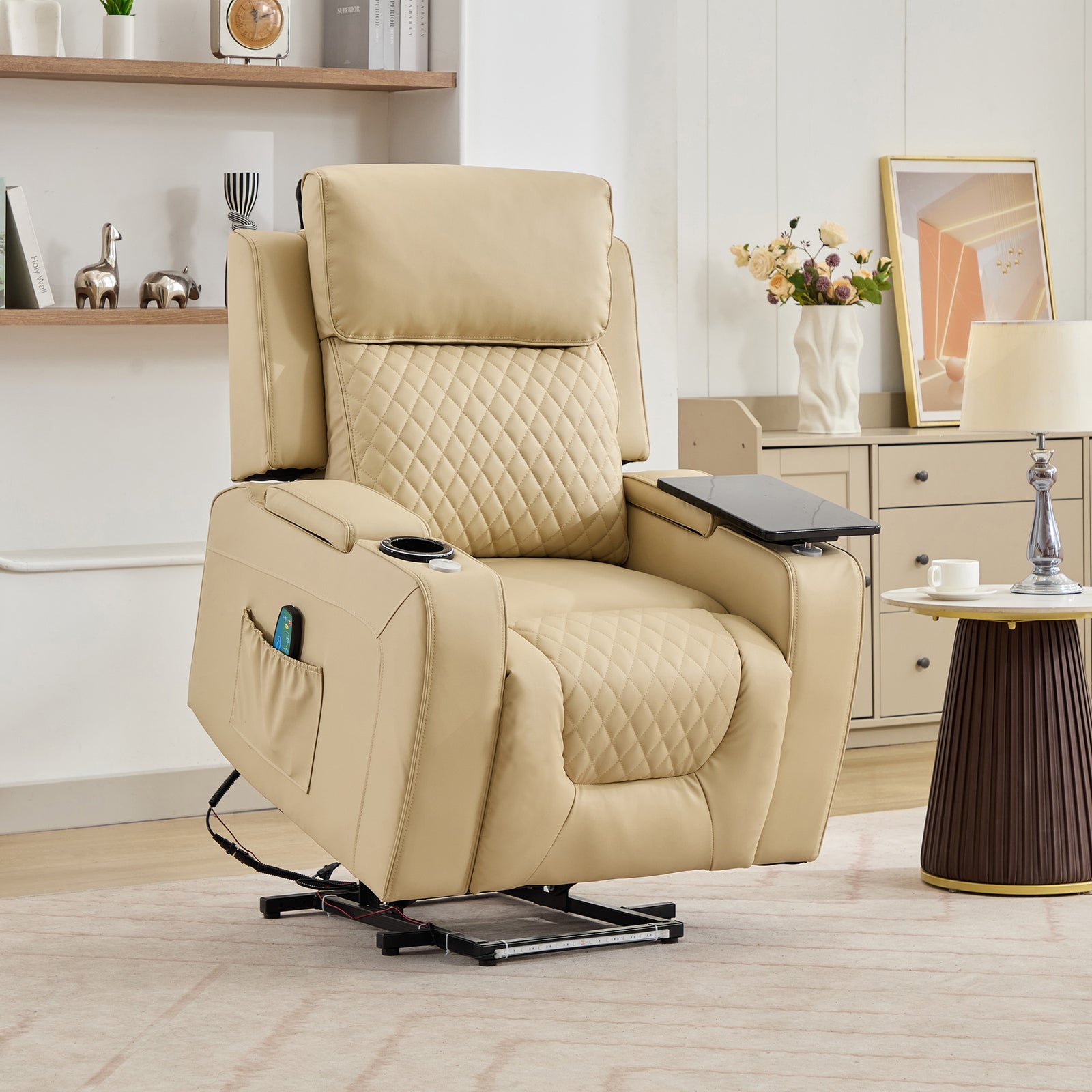 Byron Electric Riser Recliner Chair With Massage And Heat, Drink Cooler, Table | Cream